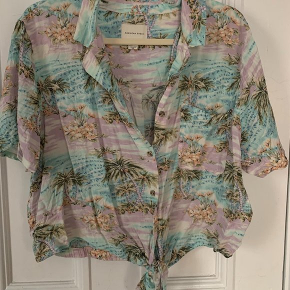 American Eagle Outfitters Tropical Print Button Down Shirt - Pastel - Picture 2 of 3